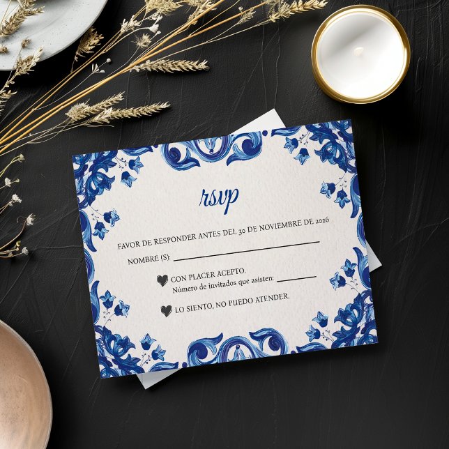 Cartons Réponse Blue Floral Elegant Fiesta Spanish Wedding (Blue Floral Elegant Fiesta Spanish Wedding RSVP Card)