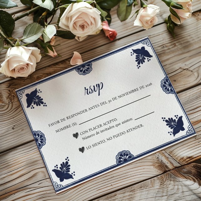 Cartons Réponse Blue Floral Otomi Simple Fiesta Spanish Wedding (Blue Floral Otomi Simple Fiesta Spanish Wedding RSVP Card)