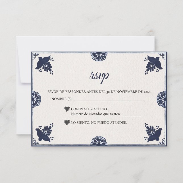 Cartons Réponse Blue Floral Otomi Simple Fiesta Spanish Wedding (Devant)