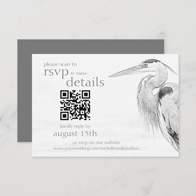 Cartons Réponse Blue Heron Sketch Mariage QR Code Détails et (Devant / Derrière)