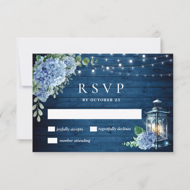 Cartons Réponse Blue Hydrangea Lantern Mariage en bois Rustique (Devant)