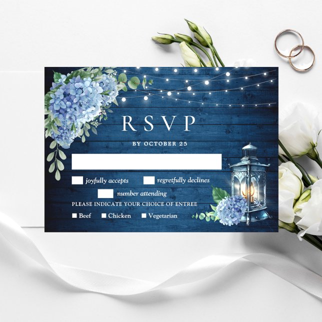 Cartons Réponse Blue Hydrangea Lantern Mariage en bois Rustique (Créateur téléchargé)