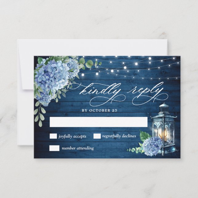 Cartons Réponse Blue Hydrangea Lantern Mariage en bois Rustique (Devant)