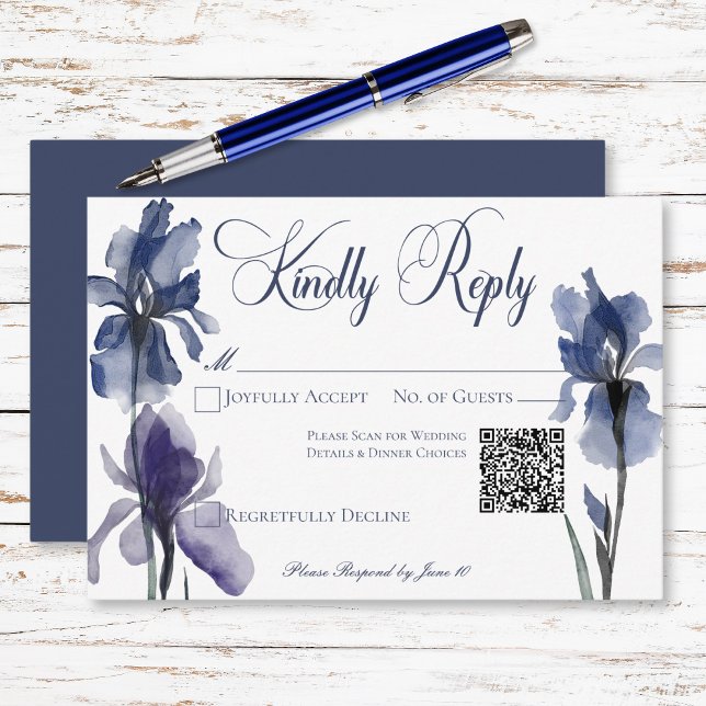 Cartons Réponse Blue Iris Fleurs Mariage moderne QR Code (Blue Iris Flowers Modern Wedding QR Code RSVP Card)