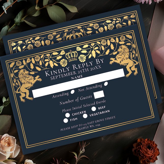Cartons Réponse Blue Royal Medieval Lion Wedding (Créateur téléchargé)