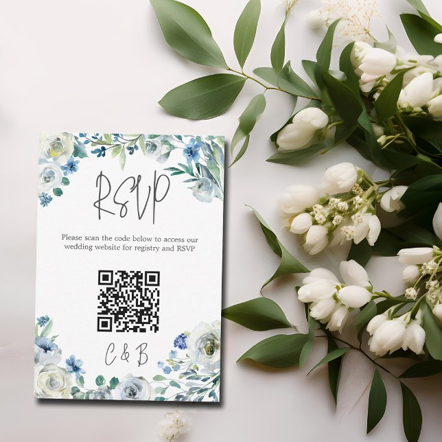 Cartons Réponse Blue White Peony Floral Spring Wedding QR Code (Créateur téléchargé)