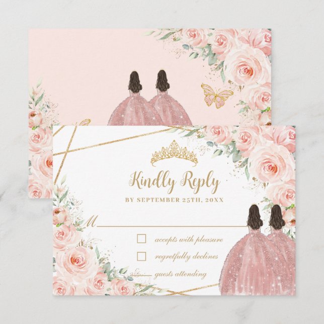 Cartons Réponse Blush Floral Princess Quinceañera Twins Anniversai (Devant / Derrière)