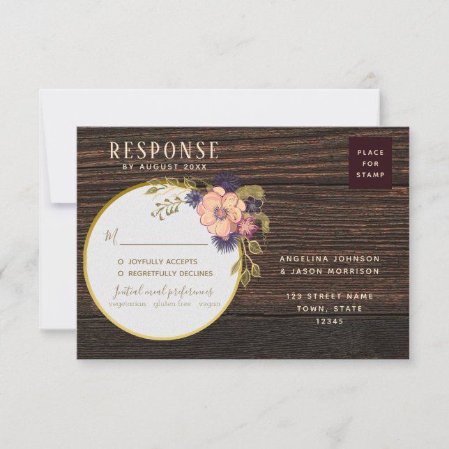 Cartons Réponse Blush Floral Rustic Wood Retourner l'adresse Maria (Devant)
