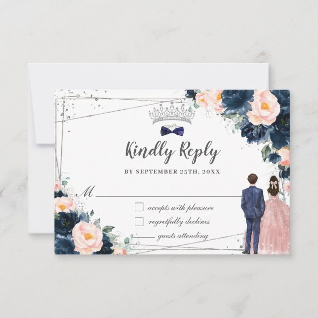 Cartons Réponse Blush Navy Blue Floral Twins Garçon fille Quinceañ (Devant)