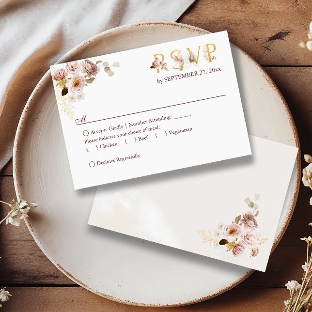 Cartons Réponse Blush Peony & Gold Burgundy Options de repas flora (Créateur téléchargé)
