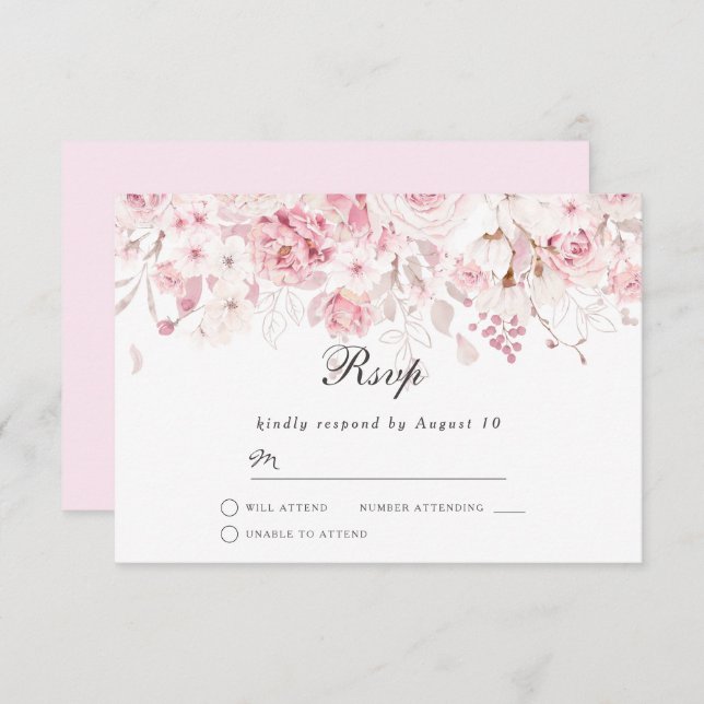 Cartons Réponse Blush Pink Floral Watercolor, événement Mariage (Devant / Derrière)