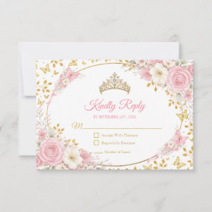 Cartons Réponse Blush Rose Quinceañera Papillon Doré