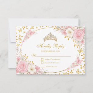 Cartons Réponse Blush Rose Quinceañera Papillon Doré