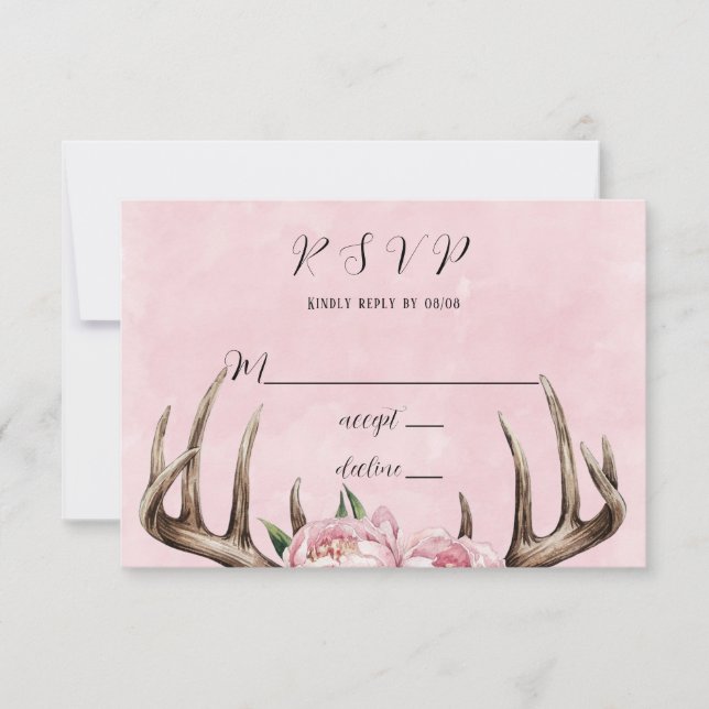 Cartons Réponse Boho Antler avec Mariage Pink Peonies (Devant)