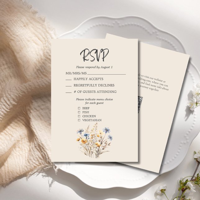 Cartons Réponse BOHO Aquarelle Fleur sauvage Élégant Mariage beige (BOHO Wildflower Wedding RSVP Card with Blue and Yellow Wildflowers, Menu Choices, QR Code. Beige.)