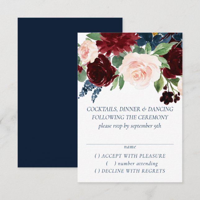 Cartons Réponse Boho Blooms | Russe Navy Blue et Burgundy Wreath (Devant / Derrière)