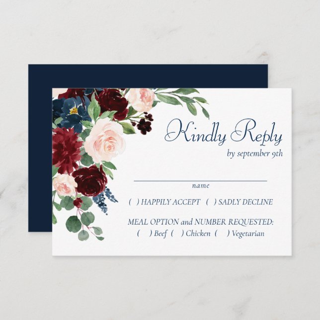 Cartons Réponse Boho Blooms | Rustic Navy et Burgundy Entree (Devant / Derrière)