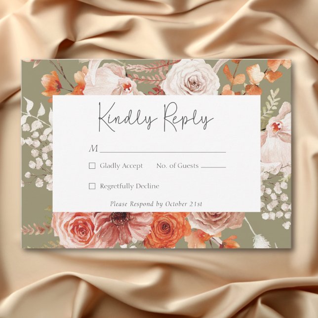 Cartons Réponse Boho Brûlé Orange Chute Florale Monogramme Sage (Boho Burnt Orange Fall Floral Monogram Sage RSVP Card)