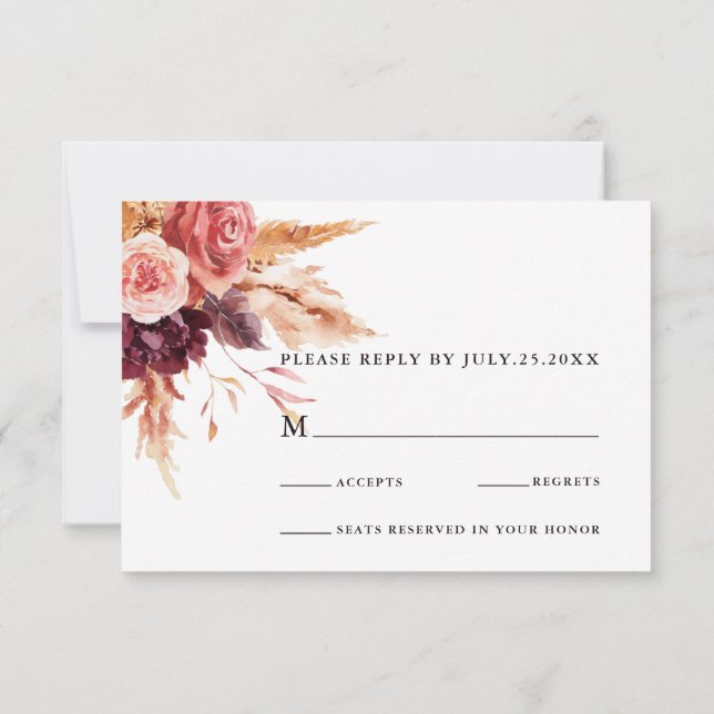 Cartons Réponse Boho Burgundy Terracotta Floral Gold Frame Mariage (Dos)