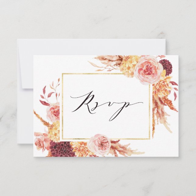Cartons Réponse Boho Burgundy Terracotta Floral Gold Frame Mariage (Devant)