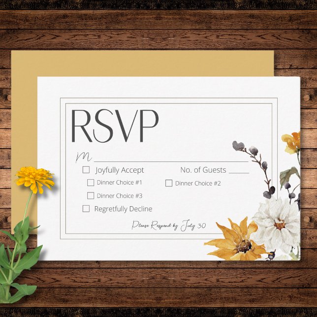 Cartons Réponse Boho Golden Yellow Meadow Fleurs Dîner Or (Boho Golden Yellow Meadow Flowers Gold Dinner RSVP Card)