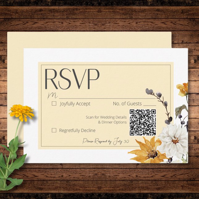 Cartons Réponse Boho Golden Yellow Meadow Fleurs Jaune (Boho Golden Yellow Meadow Flowers Yellow RSVP Card)