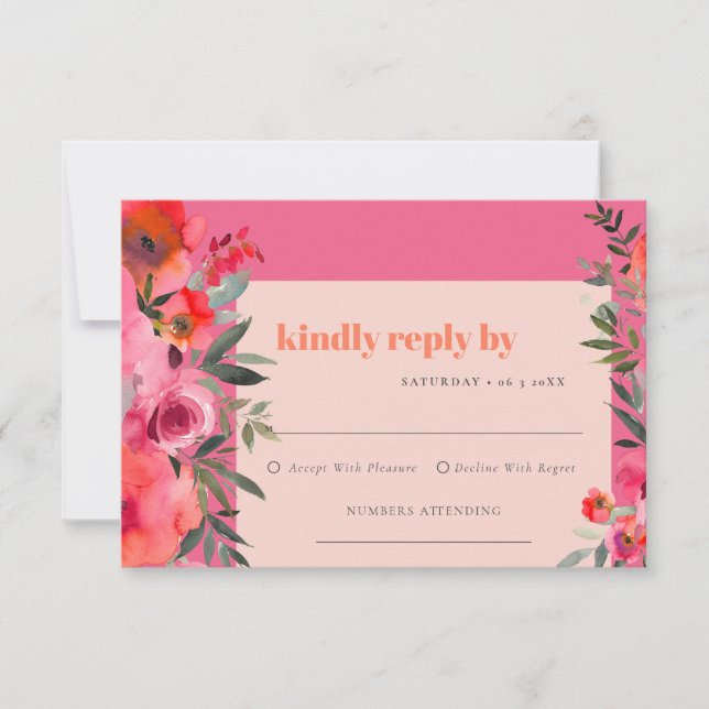 Cartons Réponse Boho Hot rose orange aquarelle Mariage floral (Devant)