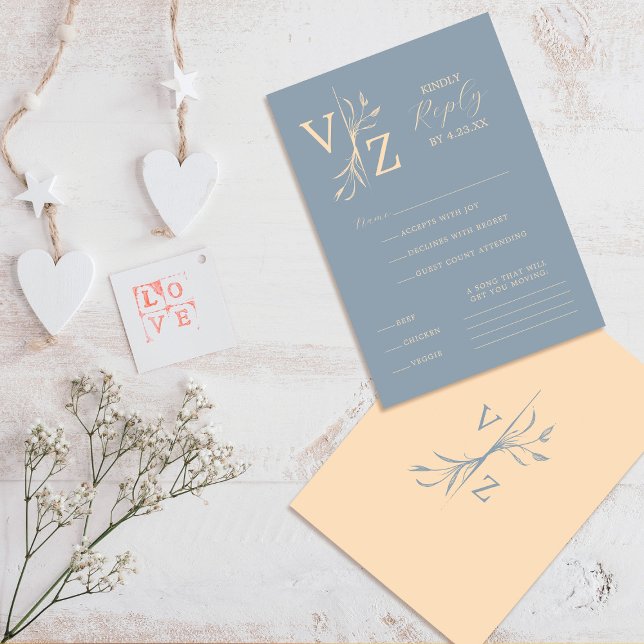 Cartons Réponse Boho Minimal bleu Beige Leaf Mariage Monogramme (Créateur téléchargé)