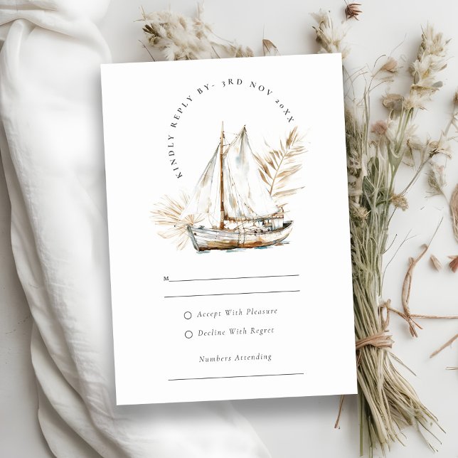 Cartons Réponse Boho Palm Sailboat Mariage Aquarelle (Créateur téléchargé)