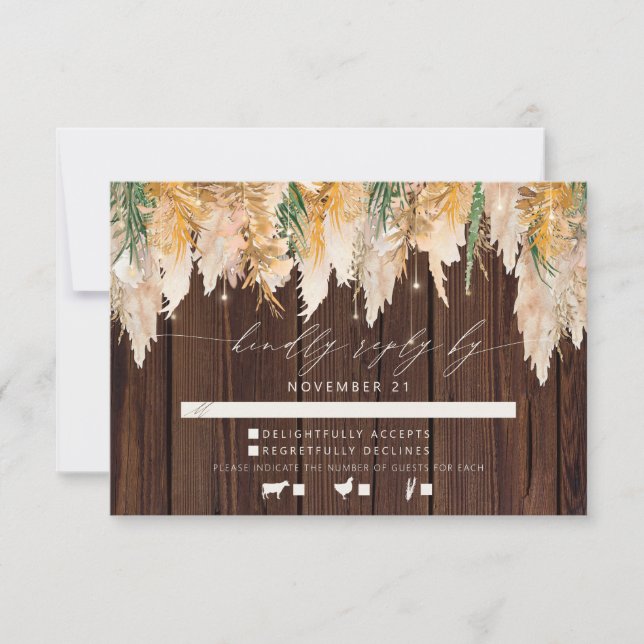 Cartons Réponse Boho Pampas Grass Wood Twinkle lumières Mariage RS (Devant)