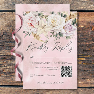 Cartons Réponse Boho Pampas & Roses Rose Mariage QR Code