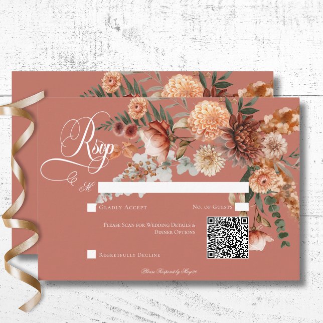 Cartons Réponse Boho Peach & Rust Floral Rust QR Code (Boho Peach & Rust Floral Rust Wedding Response Card with QR Code)