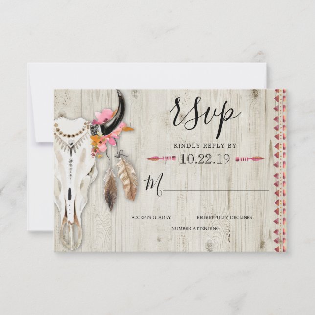 Cartons Réponse Boho Plumes florales Antler Vache Crâne Bois Maria (Devant)