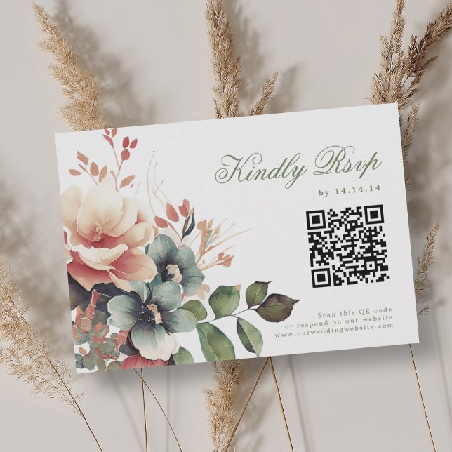 Cartons Réponse Boho romantique Automne Automne Floral Mariage RSV (Romantic Boho Fall Autumn Floral Wedding RSVP QR)