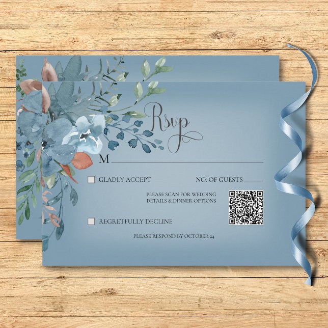 Cartons Réponse Boho Rust & Blue Floral Mariage Bleu QR Code (Boho Rust & Blue Floral Wedding Blue QR Code RSVP Card)