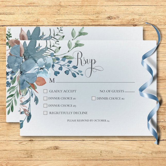 Cartons Réponse Boho Rust & Blue Floral Mariage Dîner Blanc (Boho Rust & Blue Floral Wedding White Dinner RSVP Card)