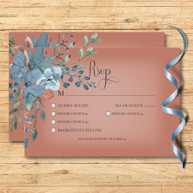 Cartons Réponse Boho Rust & Blue Floral Mariage Rust Diner (Boho Rust & Blue Floral Wedding Rust Dinner RSVP Card)