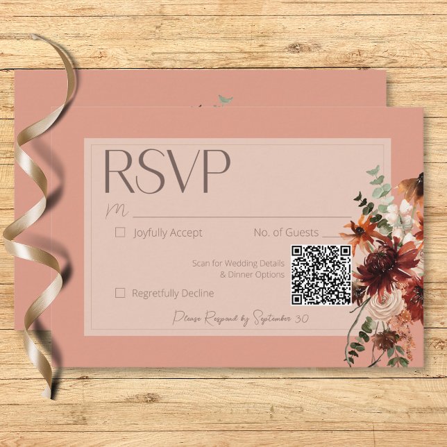 Cartons Réponse Boho Rust & Chute Neutre Floral Peach Rust Mariage (Boho Rust & Neutral Fall Floral Peach Rust Wedding RSVP Card)
