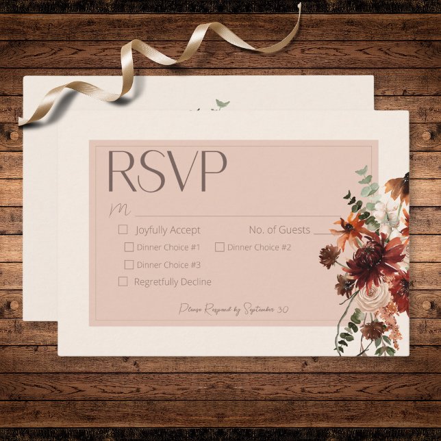 Cartons Réponse Boho Rust & Crème Automne Floral Trois Dîners (Boho Rust & Cream Fall Floral Three Dinner RSVP Card)