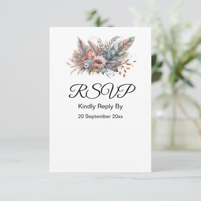 Cartons Réponse Boho rustique argent et rose floral (Debout devant)