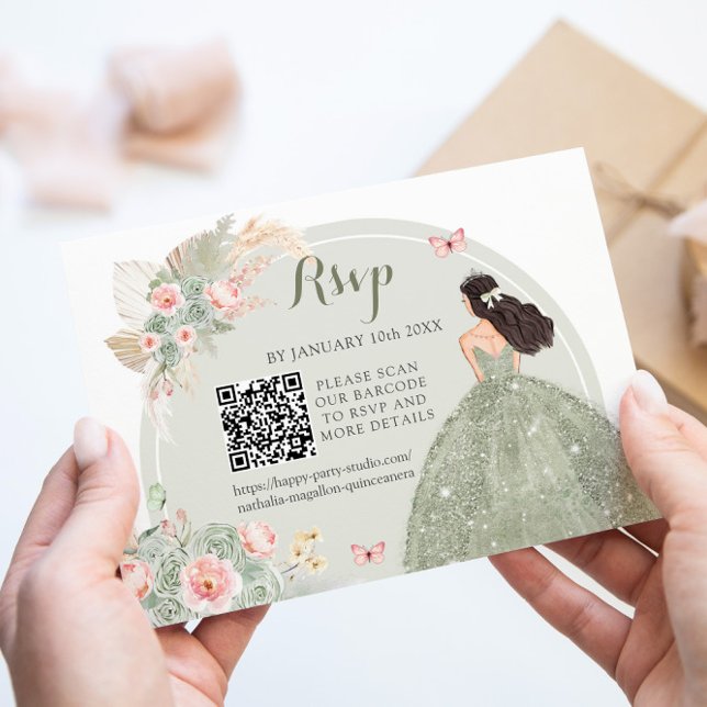 Cartons Réponse Boho Sage Vert Blush Rose Royal Quinceañera QR (Créateur téléchargé)