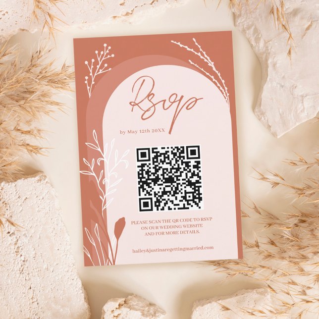 Cartons Réponse Boho terracotta floral Qr code script arch mariage (Créateur téléchargé)