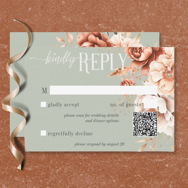 Cartons Réponse Boho Terracotta Pêche Crème Florale Vert QR Code (Boho Terracotta Peach Cream Floral Green QR Code RSVP Card)