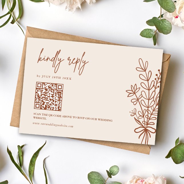 Cartons Réponse Boho Terracotta Répondre aimablement Code QR de ma (Boho terracotta kindly reply QR RSVP card makes responses easy with warm rustic charm.)
