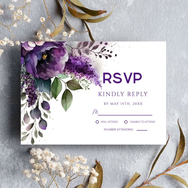 Cartons Réponse Boho violet Elégant Mariage d'aquarelle florale (Créateur téléchargé)