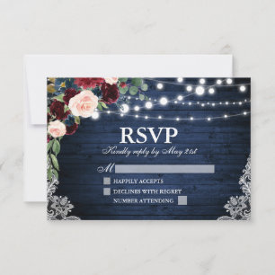 Cartons Réponse Bois rustique Bleu Bourgogne Mariage Floral