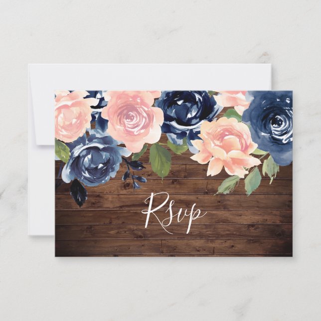 Cartons Réponse Bois rustique Bleu & Mariage d'aquarelle marine (Devant)
