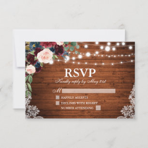 Cartons Réponse Bois rustique Bourgogne bleu Mariage Floral