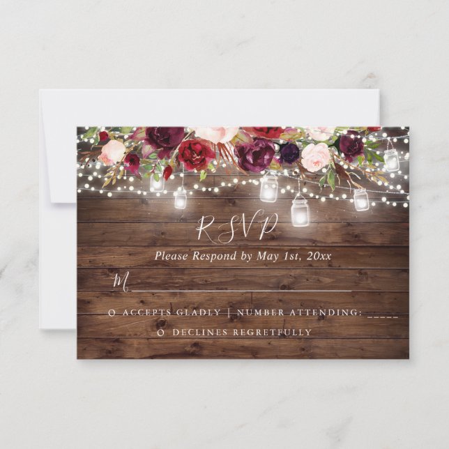 Cartons Réponse Bois rustique Bourgogne Floral Lumières Mariage (Devant)