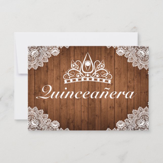 Cartons Réponse Bois rustique & dentelle blanche Tiara Qinceanera (Devant)